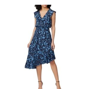 Parker Dress XS Brynlee Blue Midi Sundress Floral Flutter Cap Sleeves Silk